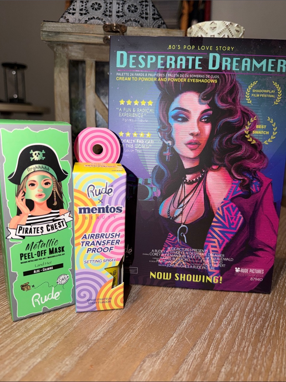 RUDE Desperate Dreamer Palette with makeup setting spray, & peel mask